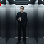 Cara Buat Foto AI di Gemini, Pria Elegan Bergaya Misterius dengan Outfit Hitam di Lift Modern