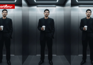 Cara Buat Foto AI di Gemini, Pria Elegan Bergaya Misterius dengan Outfit Hitam di Lift Modern