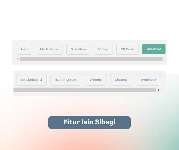 Tampilan setting alert, mediashare, subathon, voting, qr code, milestone, leaderboard, running text, wheels, discord dan web hook di Sibagi