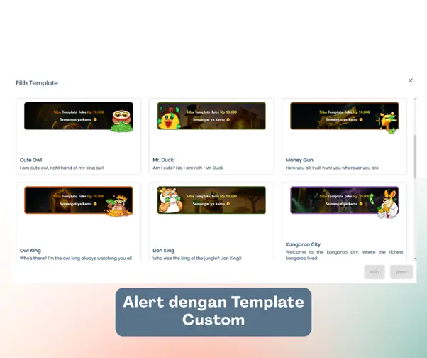 Tampilan Web Sibagi untuk memilih template alert donasi saweran
